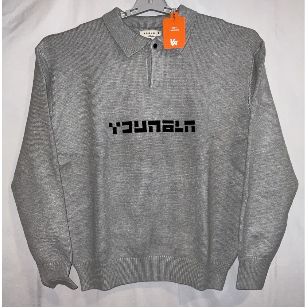 NWT‎ Men's YoungLA 508 Long Sleeve Knit Polo Sweater Gray Heather Medium
